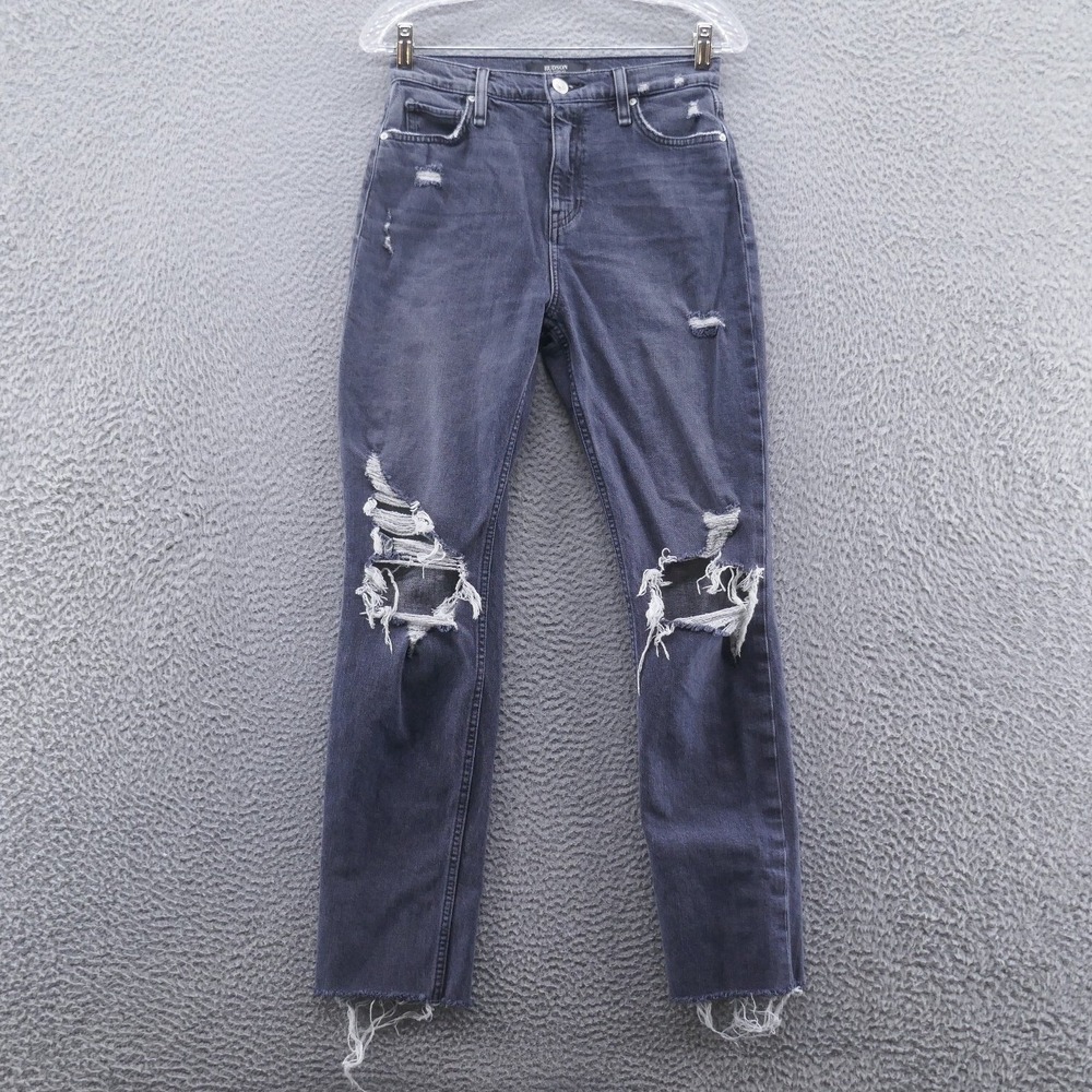 Hudson Holly Straight Jeans Womens 26 Faded Black Distressed High Rise Raw Hem